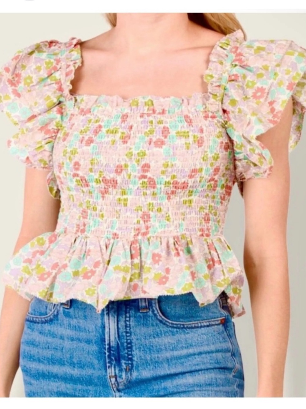 NWT Love the Label Anthropologie Ivory Smocked Floral Peplum Bodice Blouse